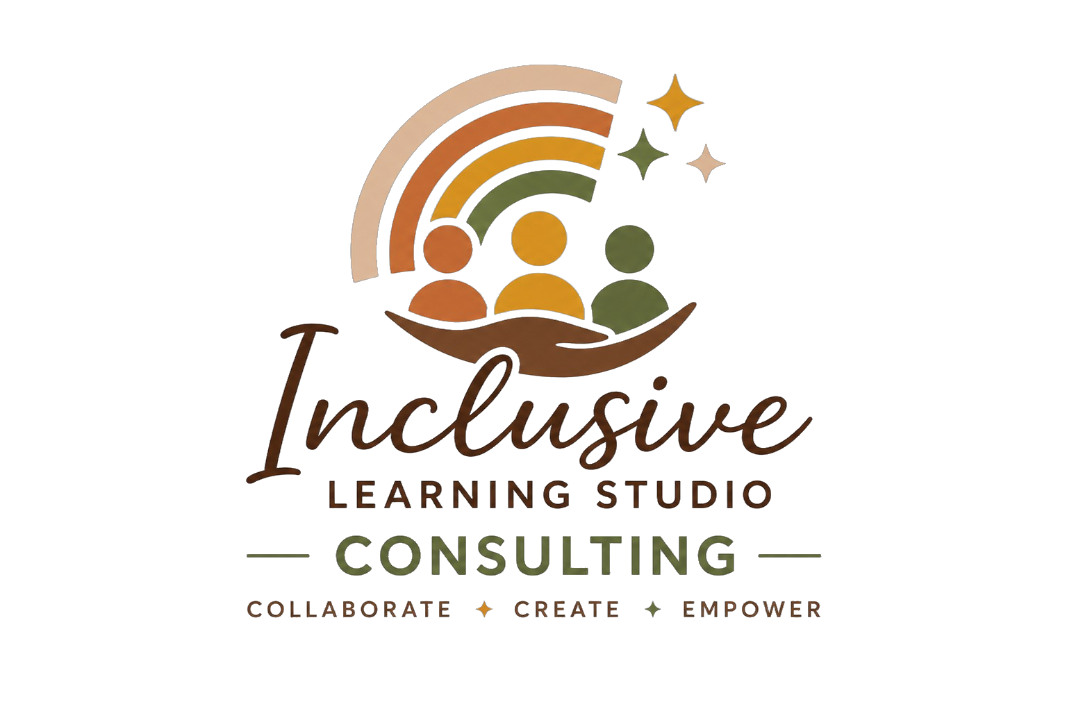 Inclusive Learning Studio Consulting — Collaborate, Create, Empower. A warm earth-toned logo with a rainbow arc and three stylized figures held by a supportive hand.