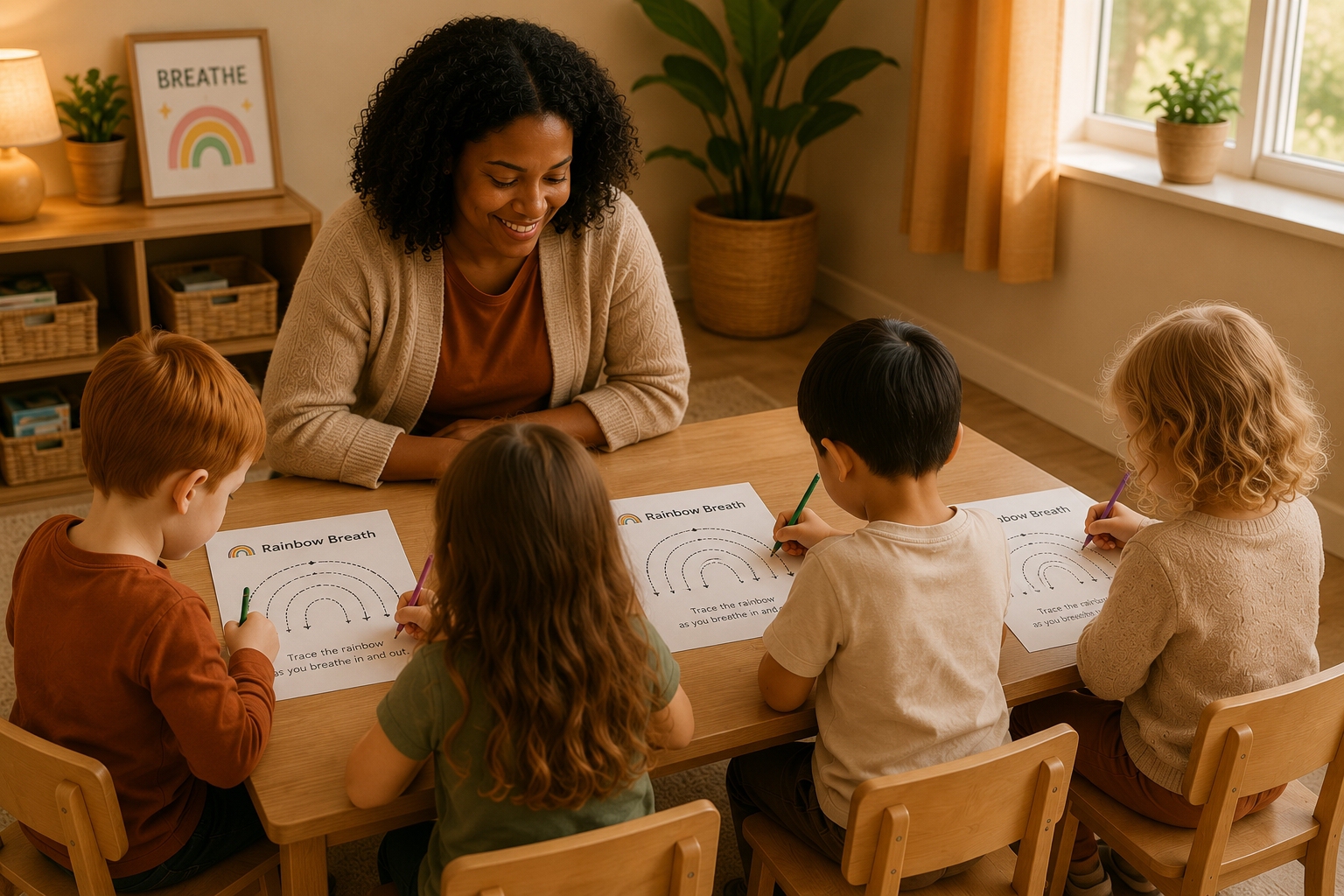 Ms. Maya sitting at a table with four children tracing Rainbow Breath worksheets with colored pencils