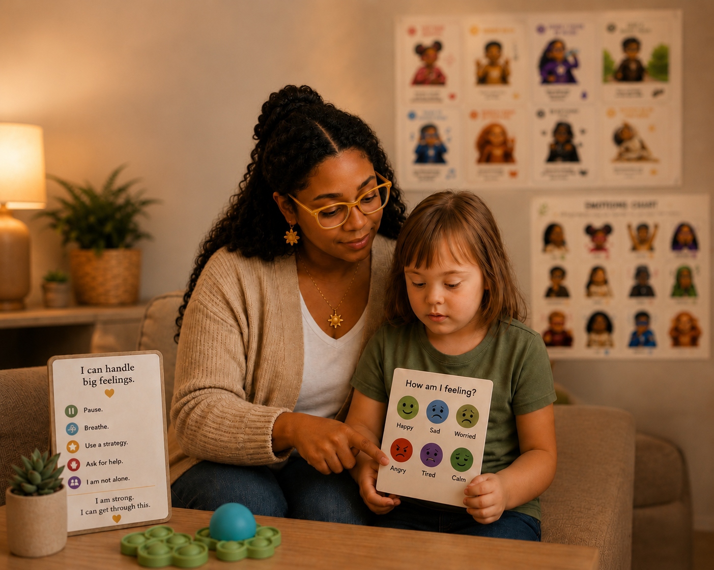 Ms. Maya sitting with a young child who holds a How am I feeling? board, pointing at emotion faces, with calming tools and an I can handle big feelings card on the table