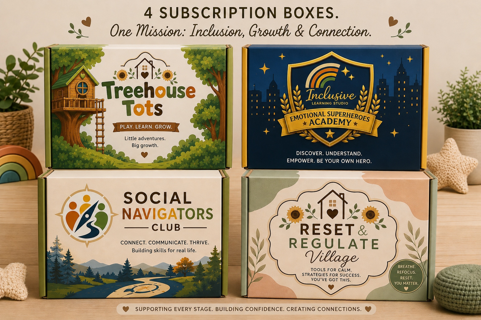 The four Inclusive Learning Studio subscription boxes — Treehouse Tots, Emotional Superheroes Academy, Social Navigators Club, and Reset & Regulate Village — arranged together on a wooden surface