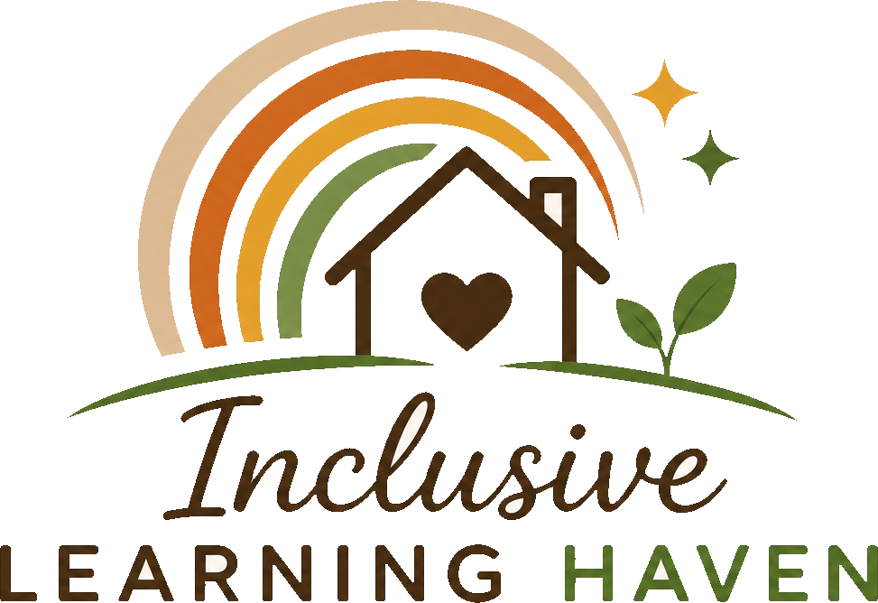 Inclusive Learning Haven logo — an earth-toned rainbow arching over a house with a heart window, with a green sprout and sparkle stars, above the words Inclusive Learning Haven