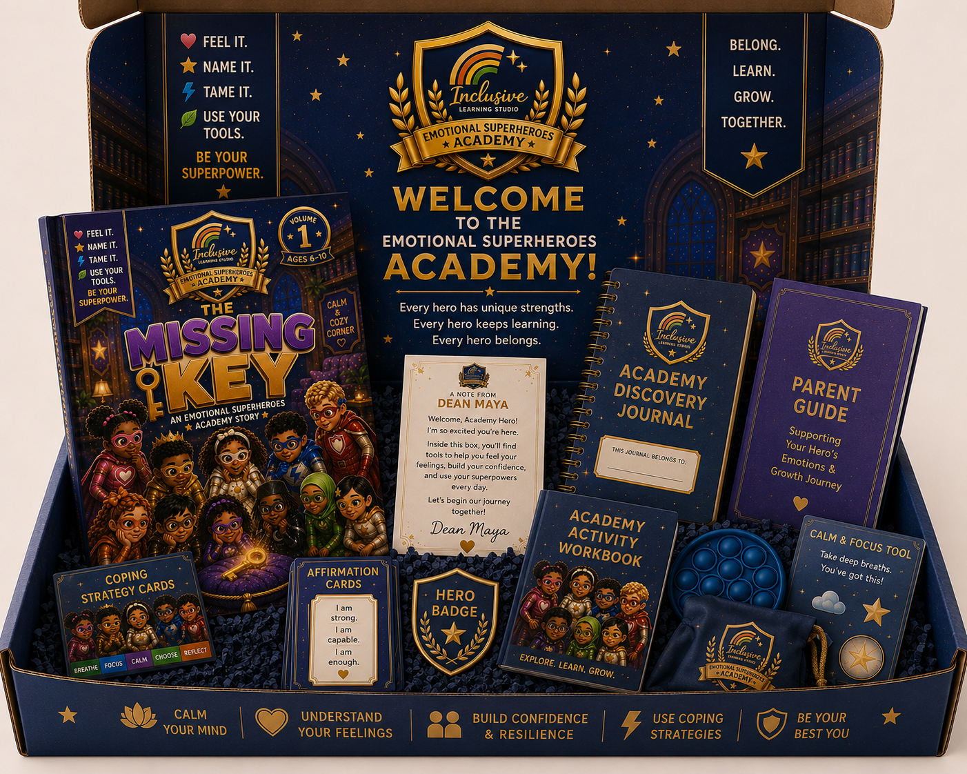 Emotional Superheroes Academy Hero Training Kit subscription box — navy shield crest packaging with city skyline and DISCOVER. UNDERSTAND. EMPOWER. BE YOUR OWN HERO.