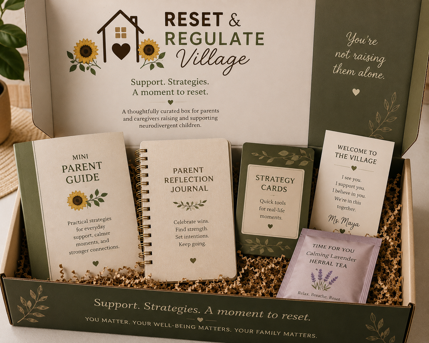 Reset & Regulate Village Calm & Connect Box — closed subscription box with sunflower artwork and TOOLS FOR CALM. STRATEGIES FOR SUCCESS. YOU'VE GOT THIS.