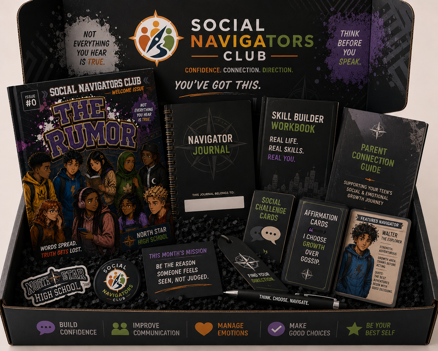 Social Navigators Club Navigator Box — closed subscription box with compass logo, forest landscape artwork, and CONNECT. COMMUNICATE. THRIVE. tagline