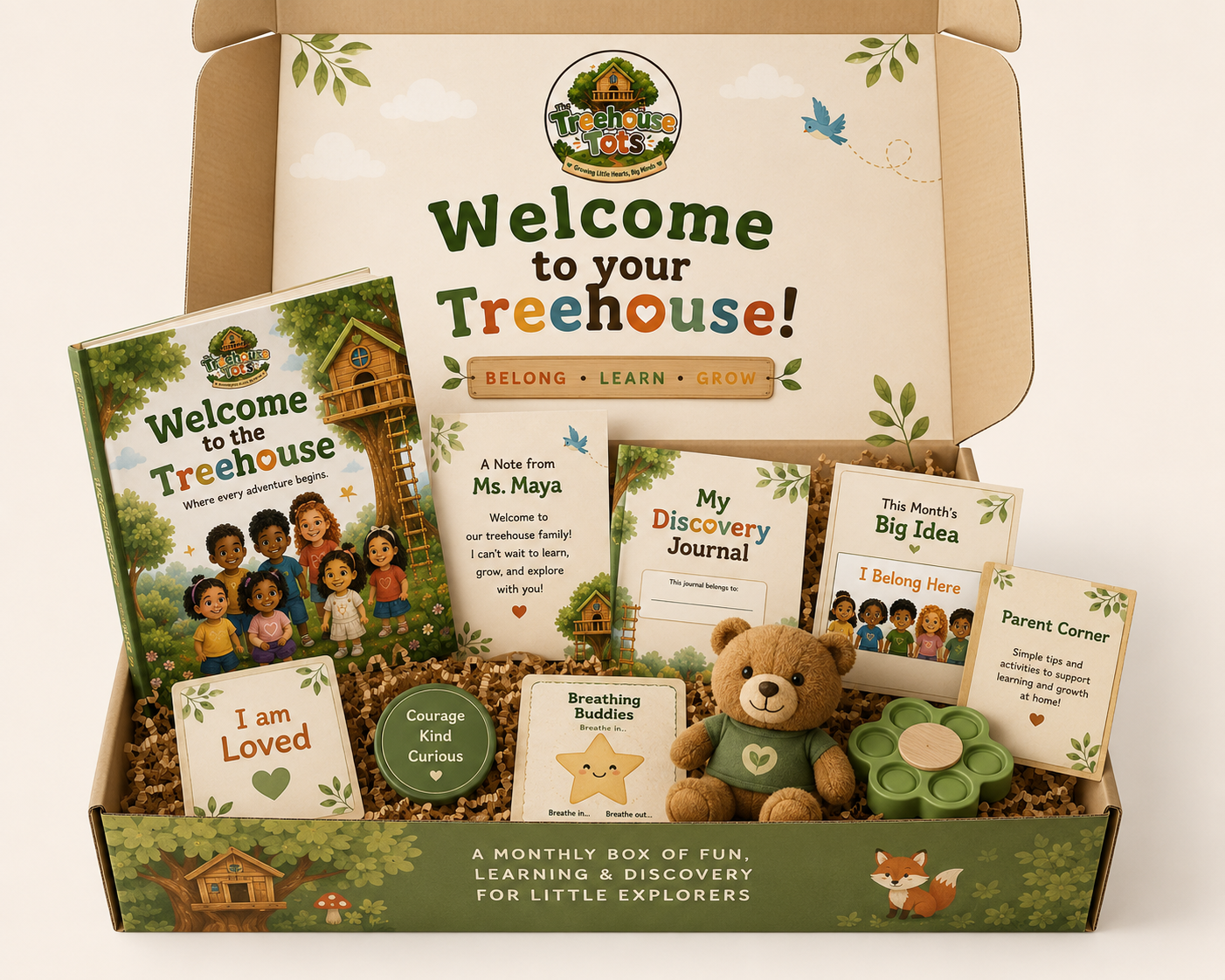 Treehouse Tots Treetop Adventures subscription box — closed cardboard box with treehouse artwork, PLAY. LEARN. GROW. tagline, and nature-inspired packaging